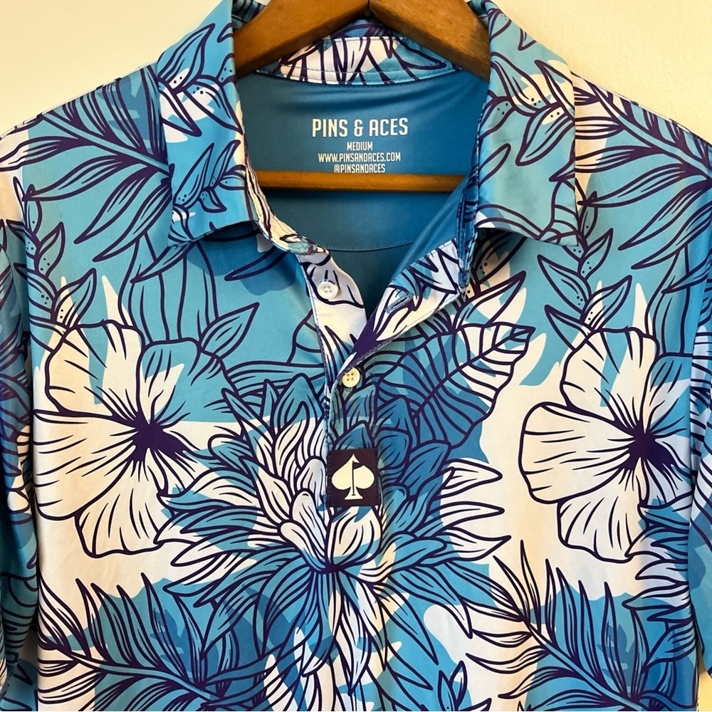 Pins & Aces Bold All Over Print Hawaiian Floral Bright Fun Golf Polo Shirt Men M